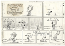 Charles Schulz Original Hand-Drawn Sunday Peanuts Comic Strip -- In This April Showers Strip, Woodstock Gets Drenched by a Rain Gutter